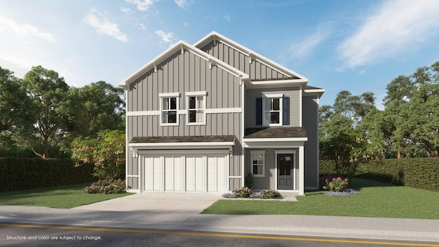 view of front facade with driveway, a garage, board and batten siding, and a front yard