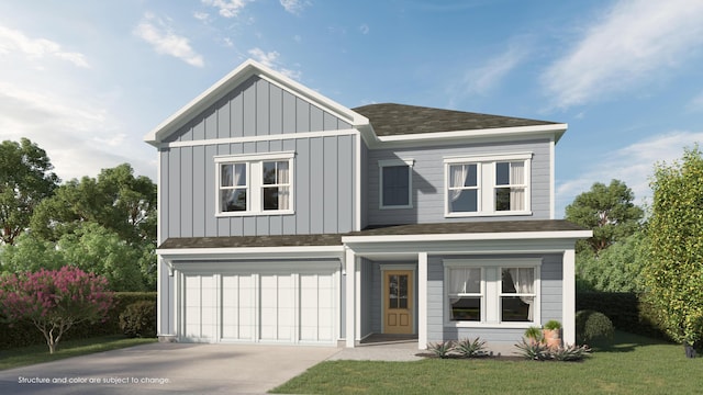 view of front of property with a garage, a shingled roof, concrete driveway, board and batten siding, and a front yard