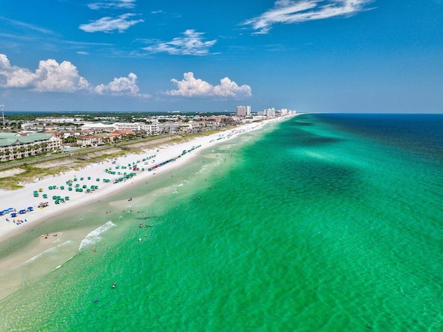 aerial view featuring a beach view and a water view