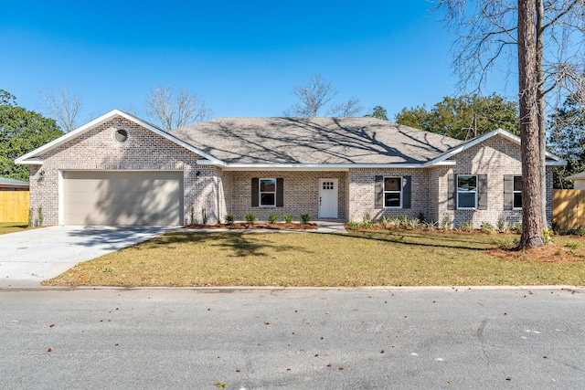 ranch-style house with an attached garage, brick siding, fence, concrete driveway, and a front lawn