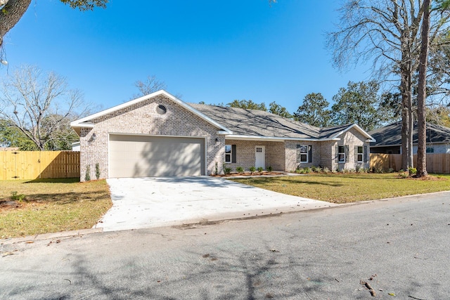 ranch-style house featuring a garage, brick siding, fence, driveway, and a front lawn