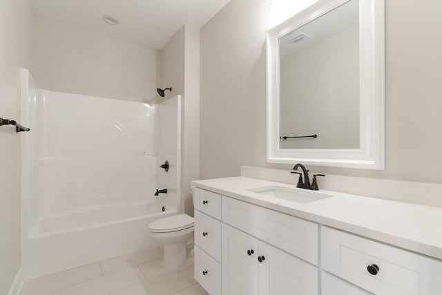 full bathroom featuring visible vents, toilet, vanity,  shower combination, and tile patterned floors