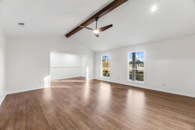 unfurnished living room with wood finished floors, visible vents, baseboards, lofted ceiling with beams, and ceiling fan