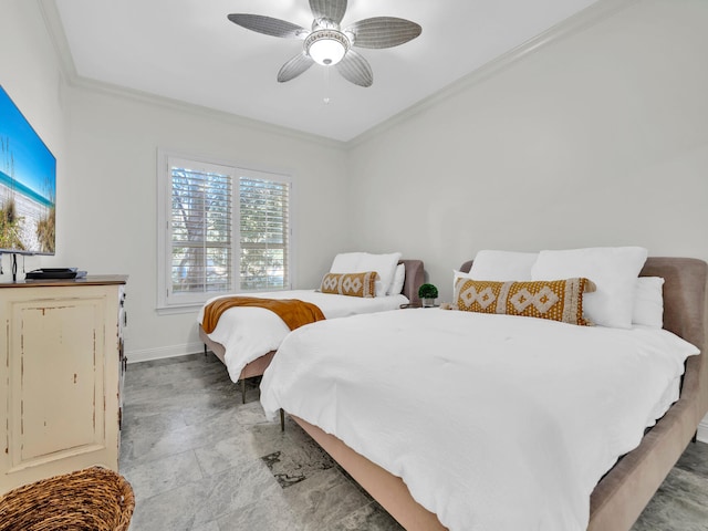 bedroom featuring baseboards, ornamental molding, and ceiling fan