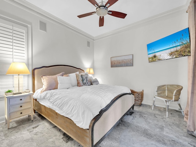 bedroom featuring baseboards, ceiling fan, visible vents, and crown molding