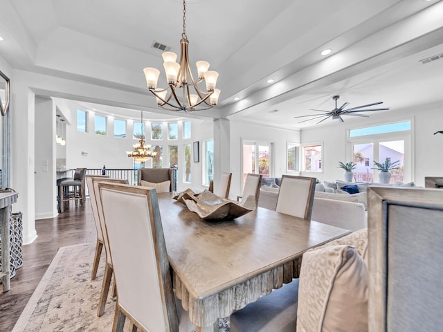 dining room with recessed lighting, visible vents, dark wood finished floors, and baseboards