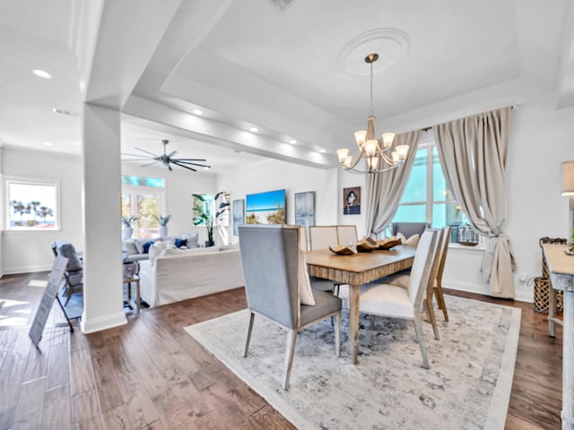 dining room featuring ceiling fan with notable chandelier, baseboards, wood finished floors, and recessed lighting