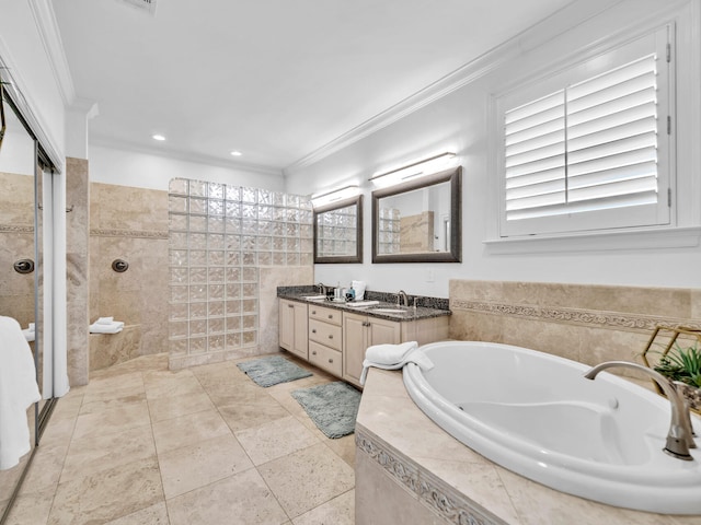 full bath with double vanity, a bath, ornamental molding, walk in shower, and a sink