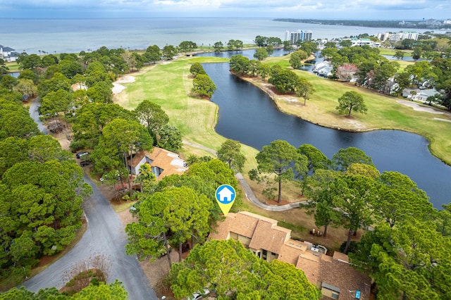 drone / aerial view featuring a water view and golf course view