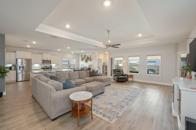 living area with a healthy amount of sunlight, light wood finished floors, and a tray ceiling