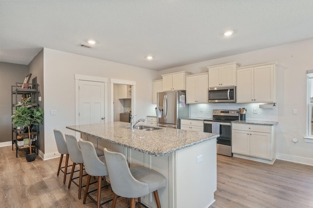 kitchen featuring tasteful backsplash, visible vents, appliances with stainless steel finishes, a kitchen island with sink, and a sink