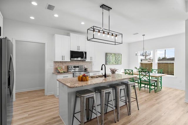 kitchen with a breakfast bar area, stainless steel appliances, visible vents, decorative backsplash, and a sink