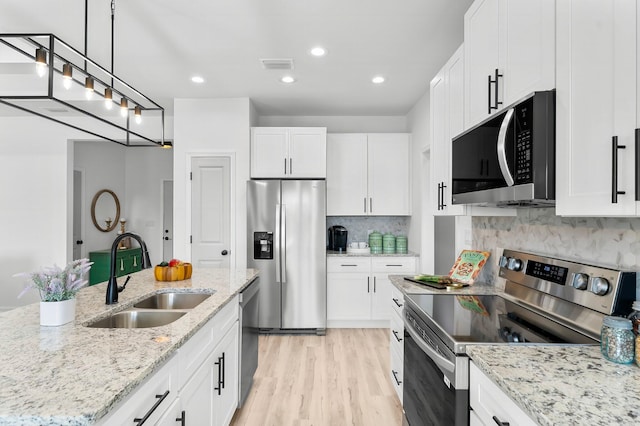 kitchen with visible vents, appliances with stainless steel finishes, white cabinetry, a sink, and light wood-type flooring