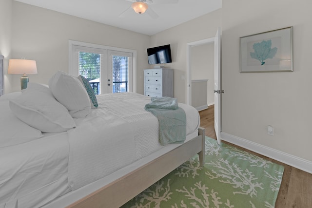 38 Basswood Dr, Santa Rosa Beach, FL 32459 - bedroom featuring french doors, ceiling fan, wood finished floors, access to outside, and baseboards