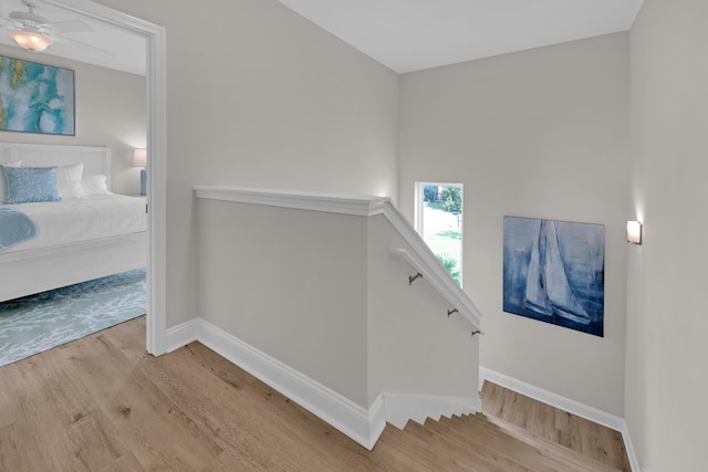 38 Basswood Dr, Santa Rosa Beach, FL 32459 - stairway featuring a ceiling fan, baseboards, and wood finished floors