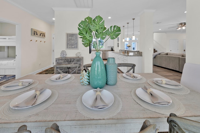 38 Basswood Dr, Santa Rosa Beach, FL 32459 - dining area with ceiling fan, ornamental molding, wood finished floors, and recessed lighting