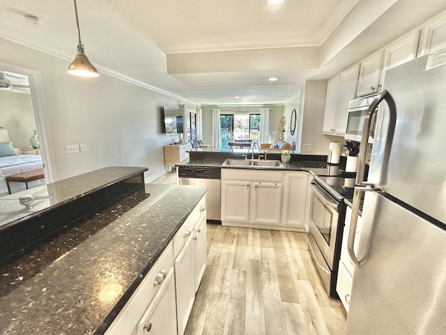 kitchen with light wood finished floors, stainless steel appliances, ornamental molding, and a sink