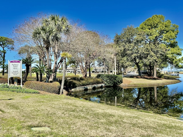 surrounding community with a yard and a water view