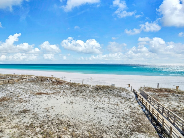 view of water feature with a beach view