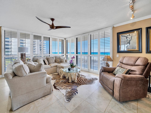 living room with a textured ceiling, ceiling fan, rail lighting, and a wealth of natural light