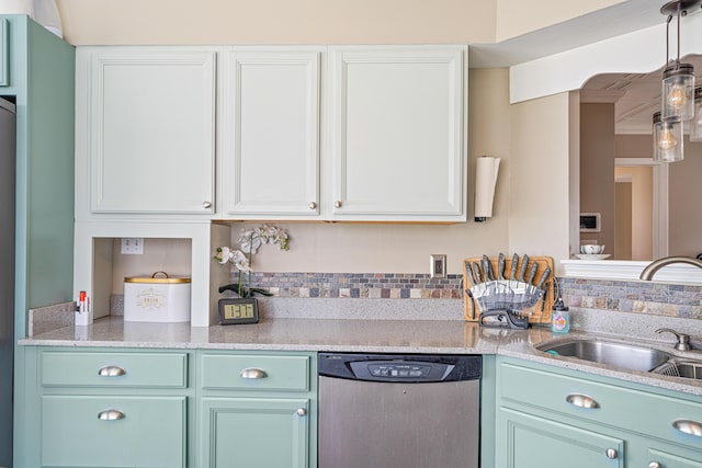 kitchen featuring a sink, backsplash, white cabinets, and stainless steel dishwasher