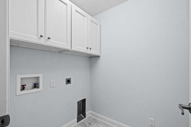 washroom with washer hookup, baseboards, marble finish floor, cabinet space, and electric dryer hookup