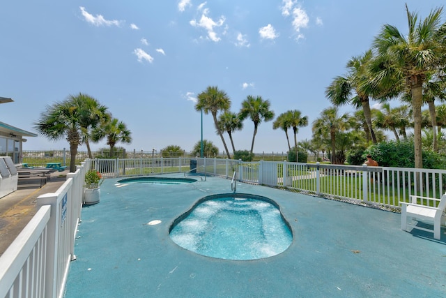 view of pool featuring a fenced in pool, fence, and a patio