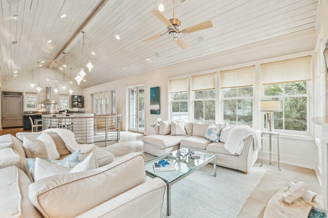 living area with baseboards, ceiling fan, wood ceiling, lofted ceiling, and recessed lighting