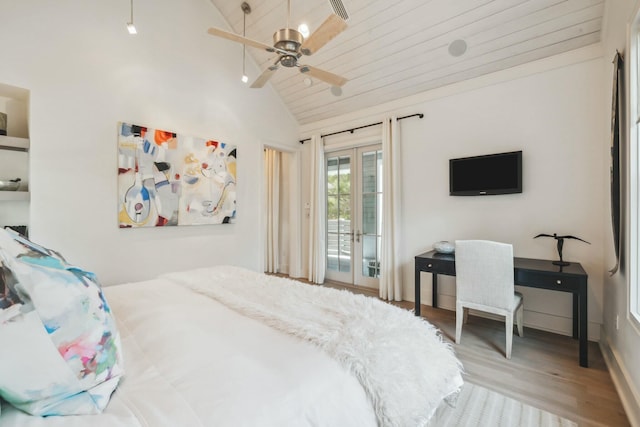 bedroom with access to exterior, wood ceiling, vaulted ceiling, french doors, and wood finished floors