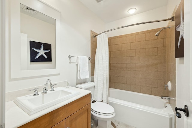 full bath with shower / bathtub combination with curtain, toilet, and vanity