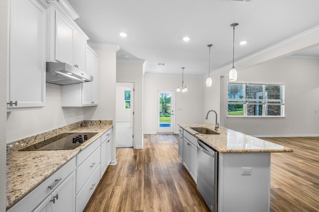 kitchen with dishwasher, wood finished floors, black electric cooktop, under cabinet range hood, and a sink