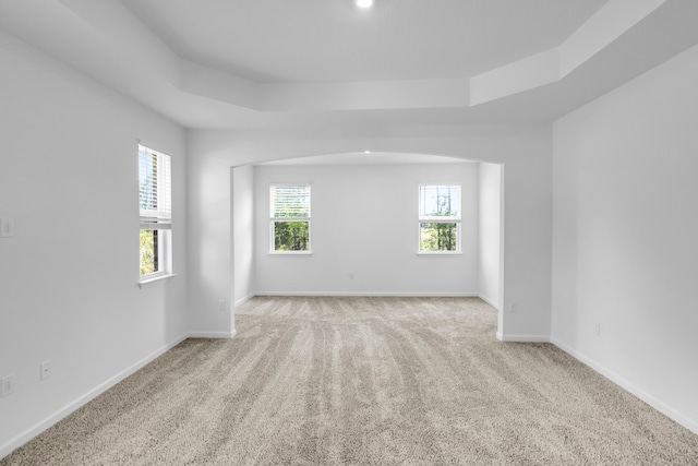 carpeted empty room featuring a raised ceiling and baseboards