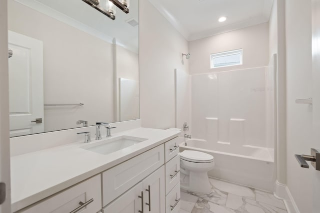 bathroom with vanity, tub / shower combination, ornamental molding, toilet, and marble finish floor