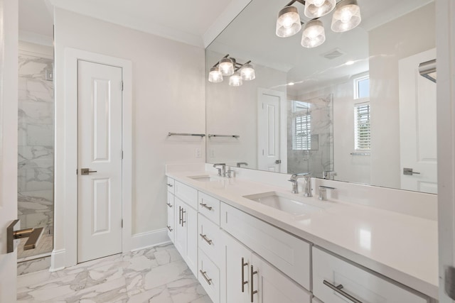 full bath with a sink, a marble finish shower, marble finish floor, and double vanity