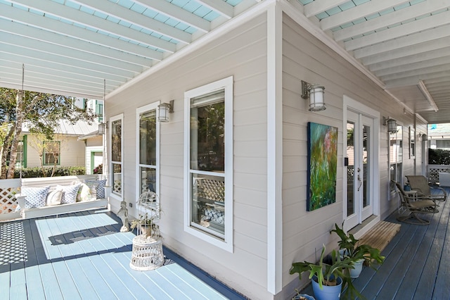 wooden terrace with french doors