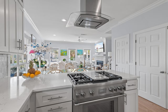 kitchen featuring light stone counters, crown molding, and high end stainless steel range