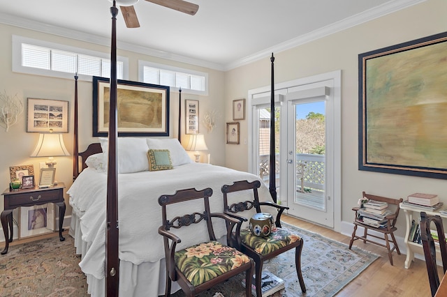 bedroom featuring baseboards, ceiling fan, light wood-style flooring, access to outside, and crown molding