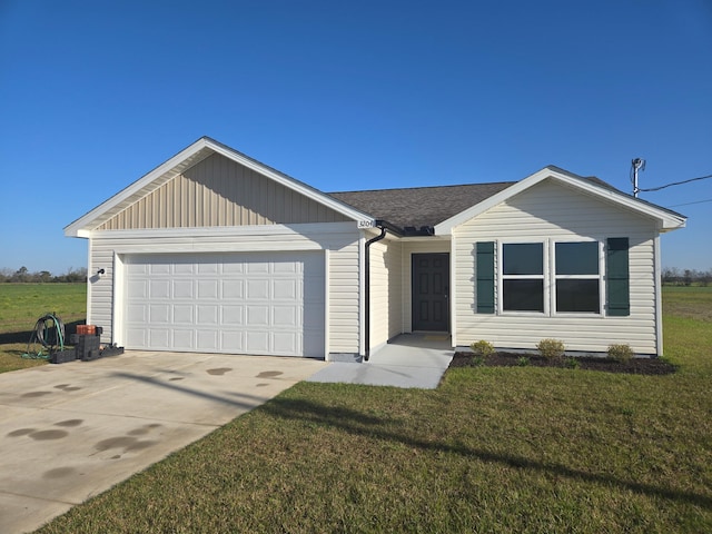 ranch-style house with a garage, driveway, a shingled roof, and a front lawn