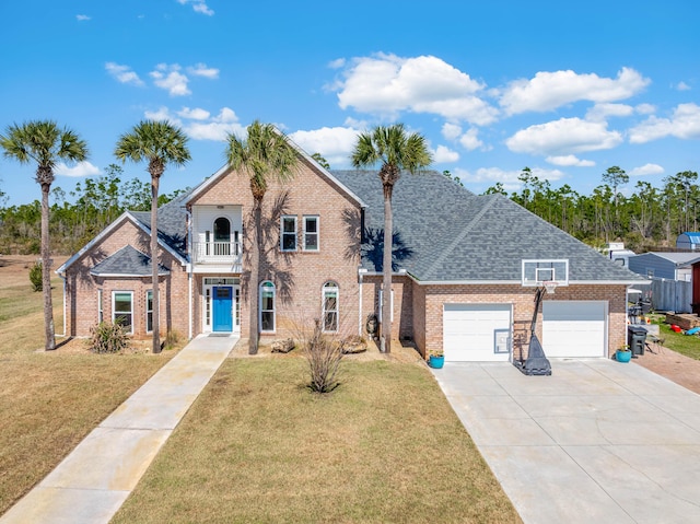 view of front of home with a garage, driveway, a front lawn, and a balcony