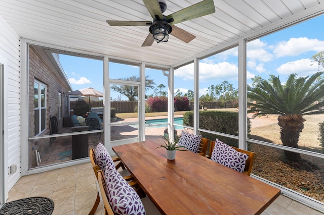 sunroom / solarium featuring a ceiling fan and wooden ceiling