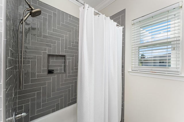 full bath featuring shower / tub combo and crown molding