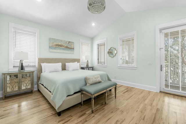 bedroom featuring light wood-style flooring, recessed lighting, baseboards, access to exterior, and vaulted ceiling