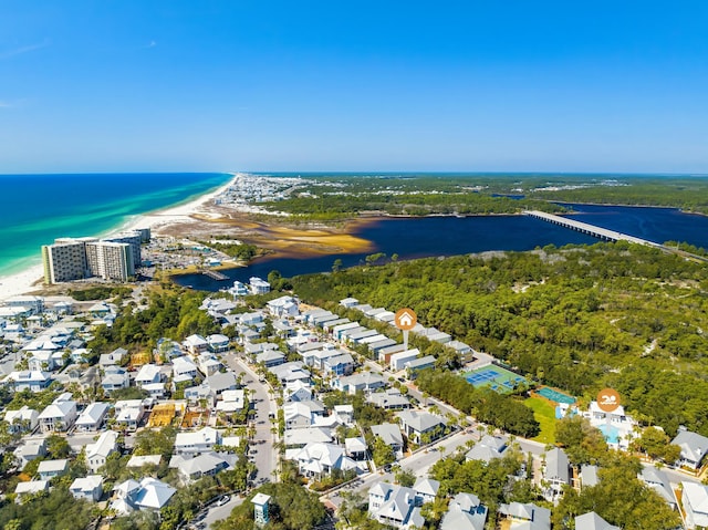 drone / aerial view with a view of the beach and a water view