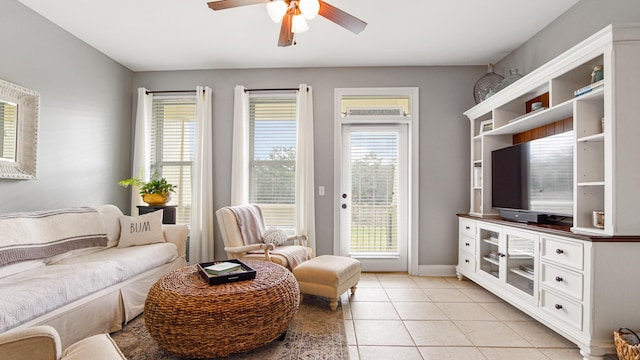 20 N Wildflower Dr Unit 512, Santa Rosa Beach, FL 32459 - living room with light tile patterned flooring, baseboards, and ceiling fan