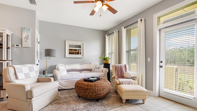 20 N Wildflower Dr Unit 512, Santa Rosa Beach, FL 32459 - living room with light tile patterned floors, visible vents, a healthy amount of sunlight, and ceiling fan