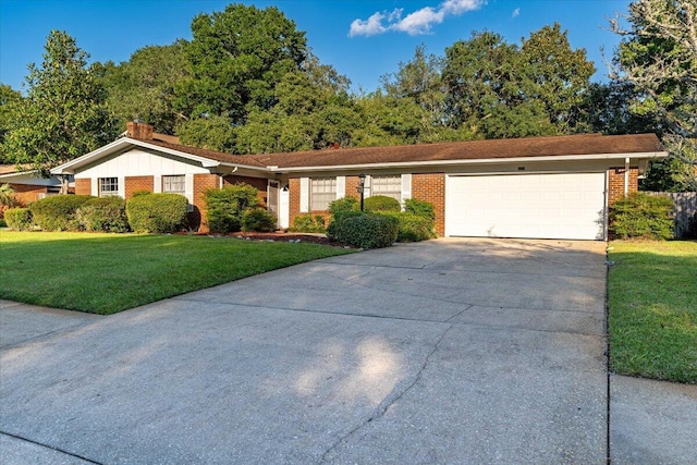 single story home featuring a garage, brick siding, driveway, and a front yard