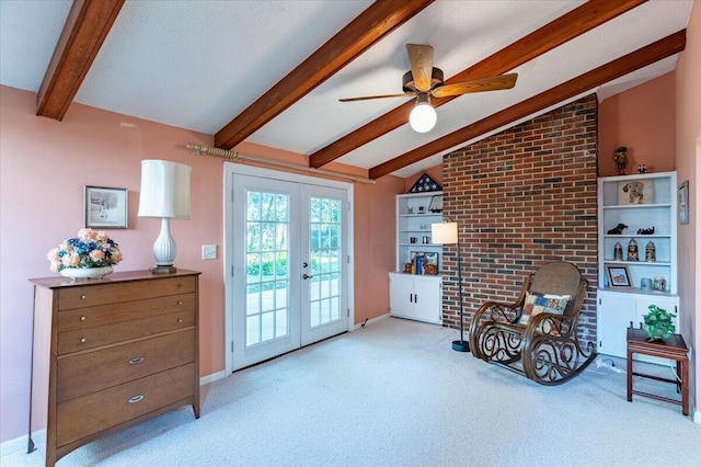 living area with light carpet, baseboards, lofted ceiling with beams, a textured ceiling, and french doors