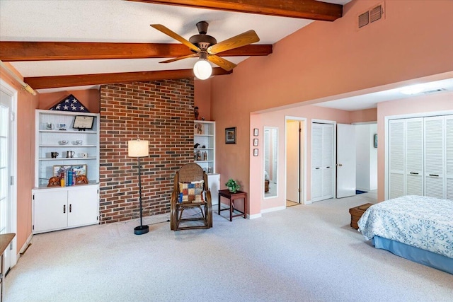 carpeted bedroom featuring vaulted ceiling with beams, multiple closets, visible vents, a textured ceiling, and brick wall