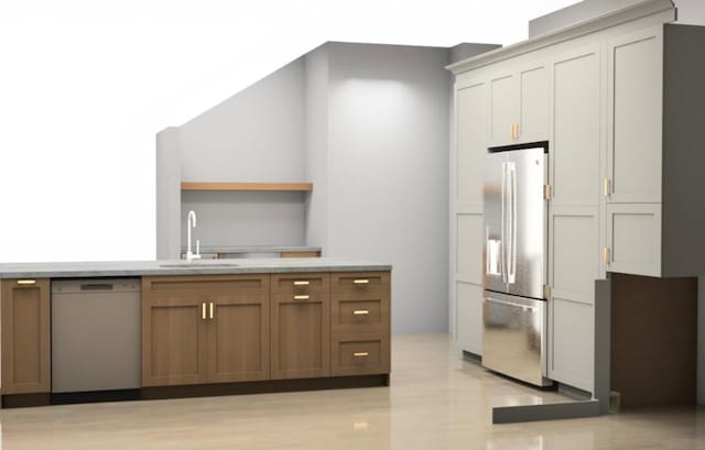 kitchen featuring open shelves, a sink, light countertops, stainless steel refrigerator with ice dispenser, and dishwasher