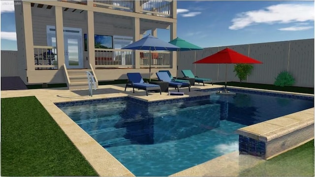 outdoor pool featuring a patio area and fence